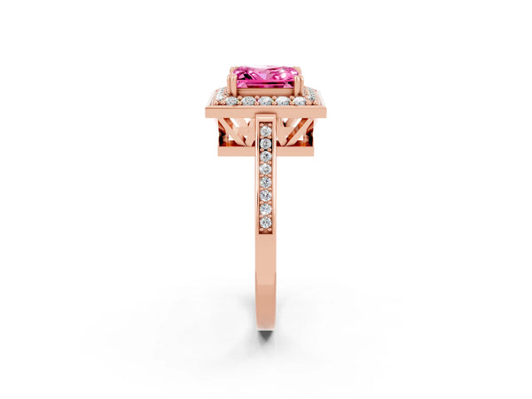 Rose gold Princess Cut Pink Sapphire Halo Ring with Split Shank and Four-Prong Setting