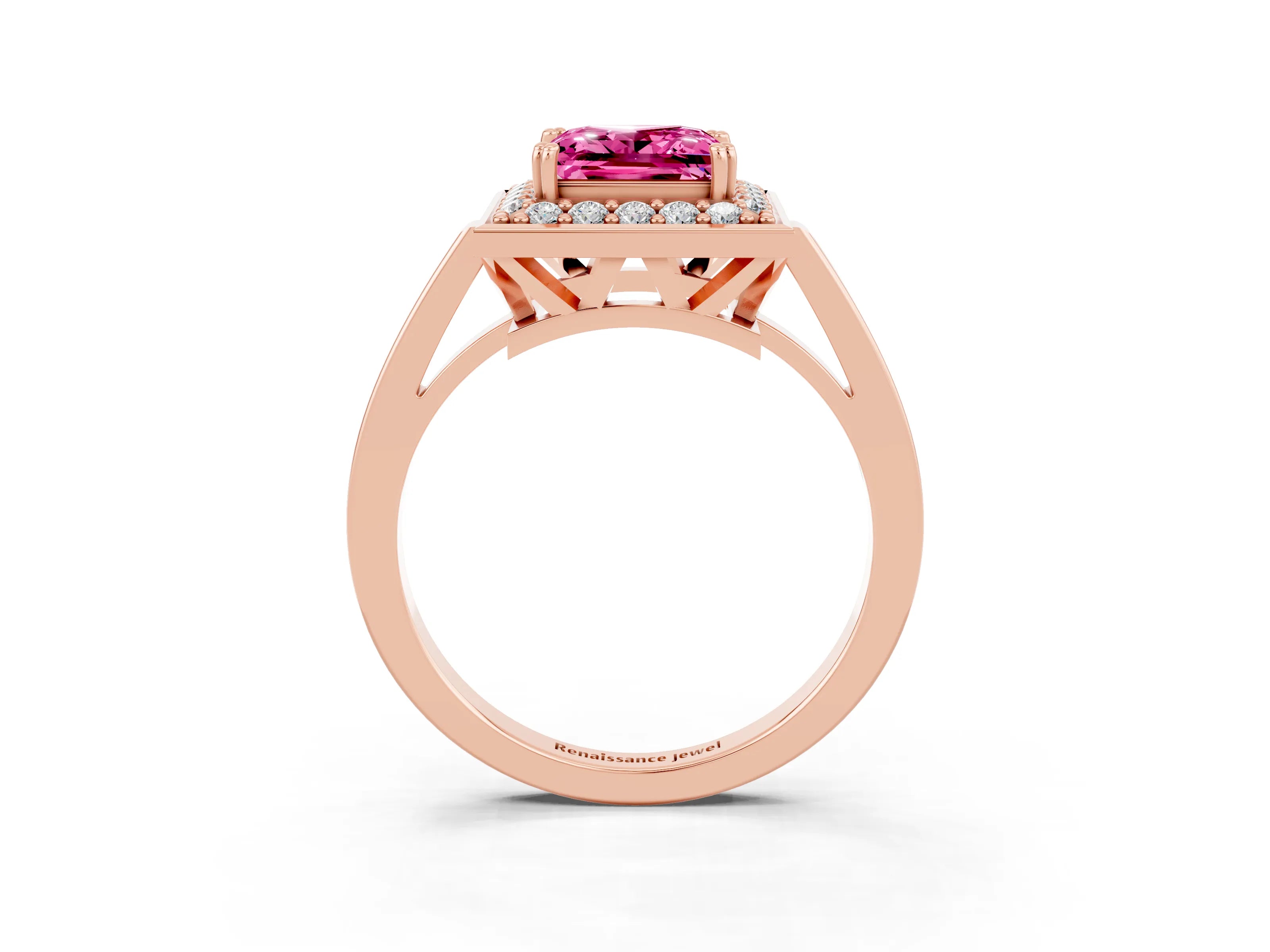 Rose gold Princess Cut Pink Sapphire Halo Ring with Split Shank and Four-Prong Setting_3