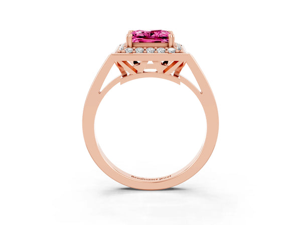 Rose gold Princess Cut Pink Sapphire Halo Ring with Split Shank and Four-Prong Setting