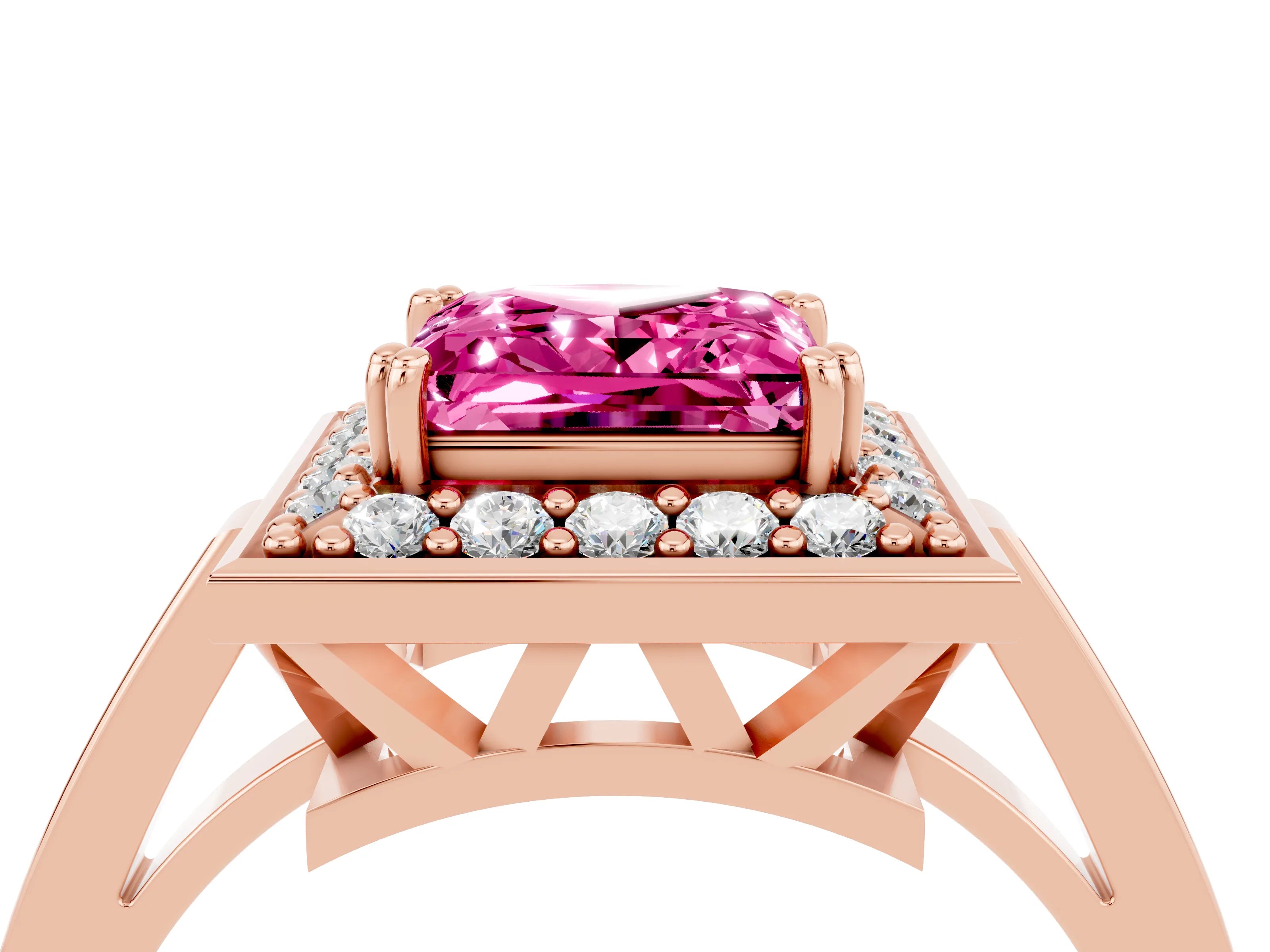 Rose gold Princess Cut Pink Sapphire Halo Ring with Split Shank and Four-Prong Setting_4