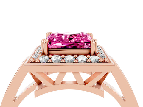 Rose gold Princess Cut Pink Sapphire Halo Ring with Split Shank and Four-Prong Setting_4