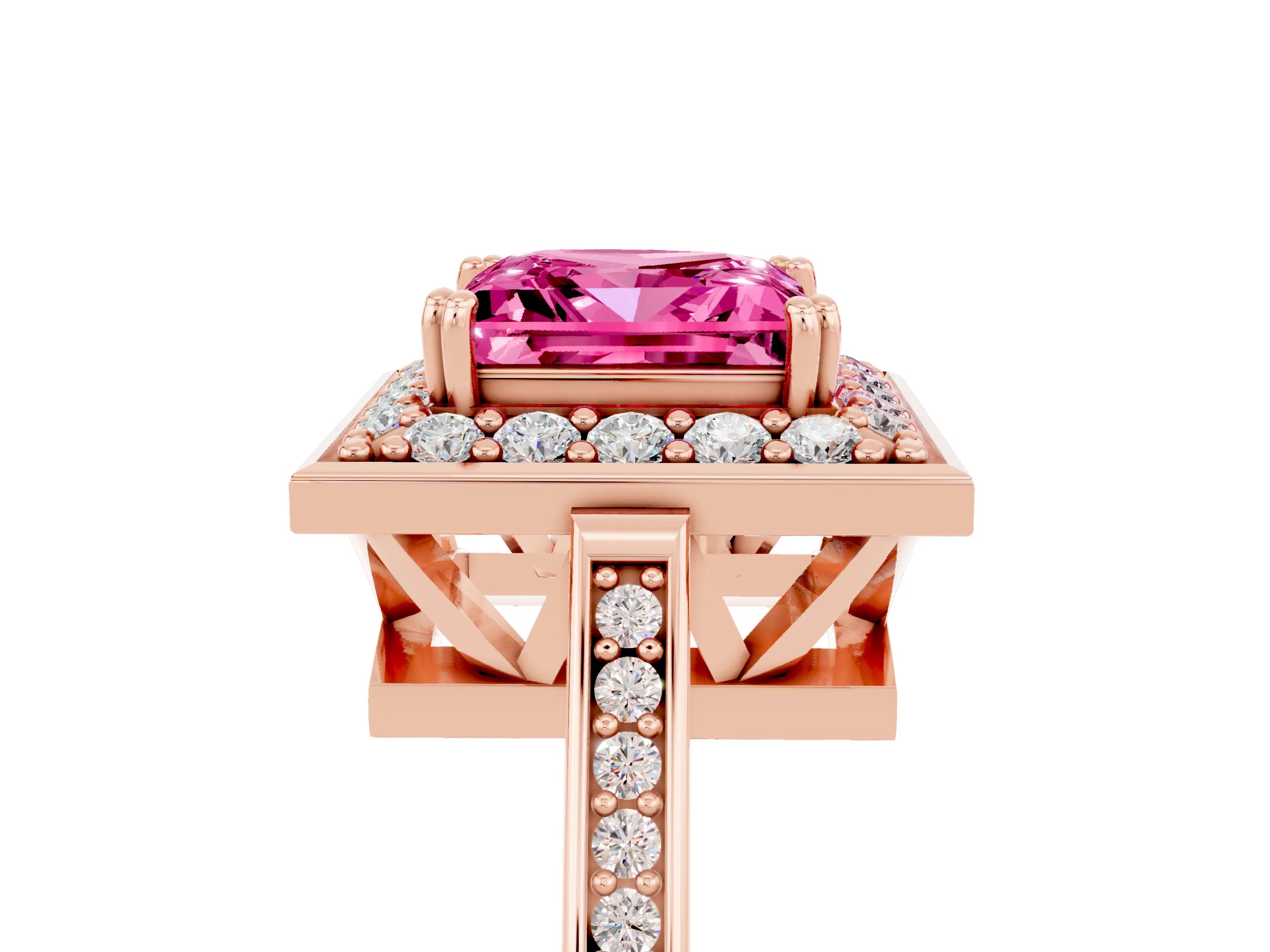 Rose gold Princess Cut Pink Sapphire Halo Ring with Split Shank and Four-Prong Setting_5