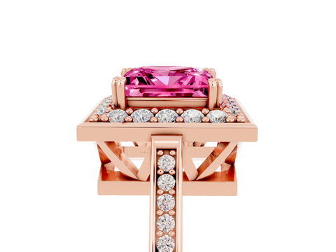 Rose gold Princess Cut Pink Sapphire Halo Ring with Split Shank and Four-Prong Setting_5