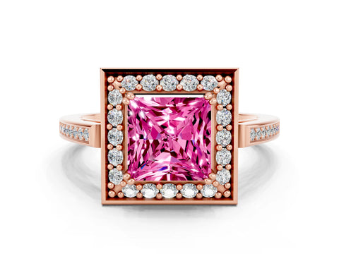 Rose gold Princess Cut Pink Sapphire Halo Ring with Split Shank and Four-Prong Setting