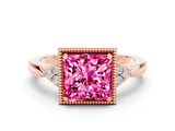 Rose gold Princess Cut Pink Sapphire Halo Ring with Tapered Band and Four-Prong Setting