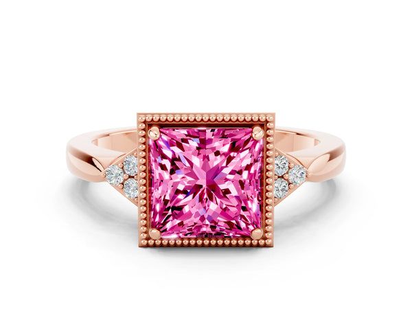 Rose gold Princess Cut Pink Sapphire Halo Ring with Tapered Band and Four-Prong Setting