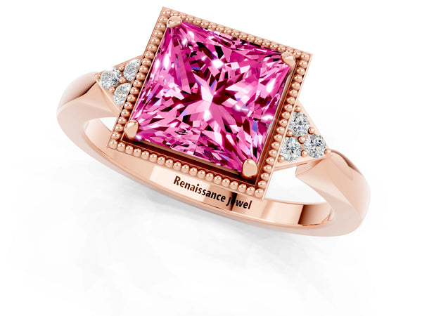 Rose gold Princess Cut Pink Sapphire Halo Ring with Tapered Band and Four-Prong Setting