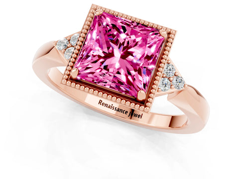 Rose gold Princess Cut Pink Sapphire Halo Ring with Tapered Band and Four-Prong Setting_1