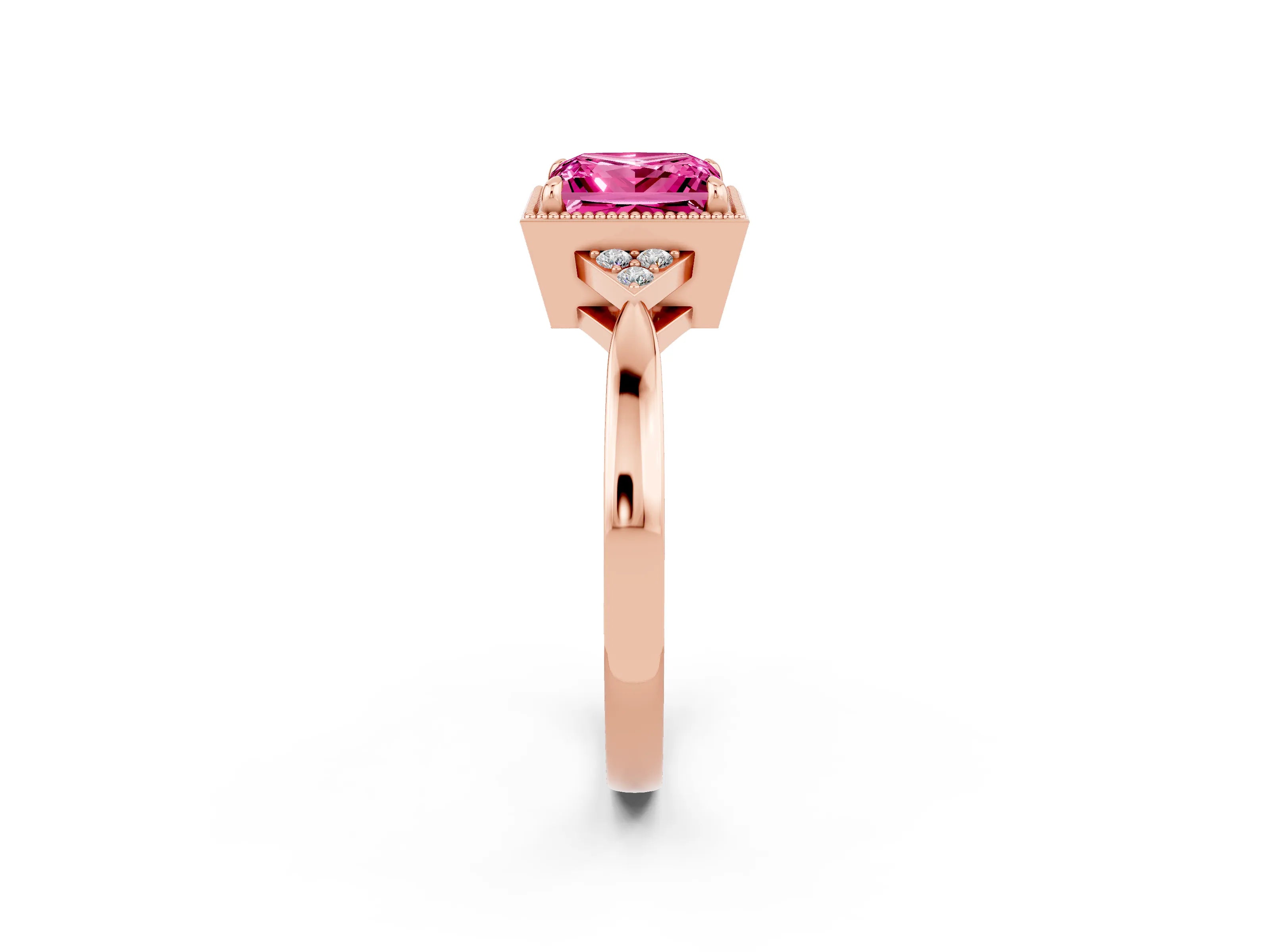 Rose gold Princess Cut Pink Sapphire Halo Ring with Tapered Band and Four-Prong Setting_2