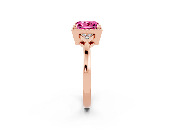 Rose gold Princess Cut Pink Sapphire Halo Ring with Tapered Band and Four-Prong Setting