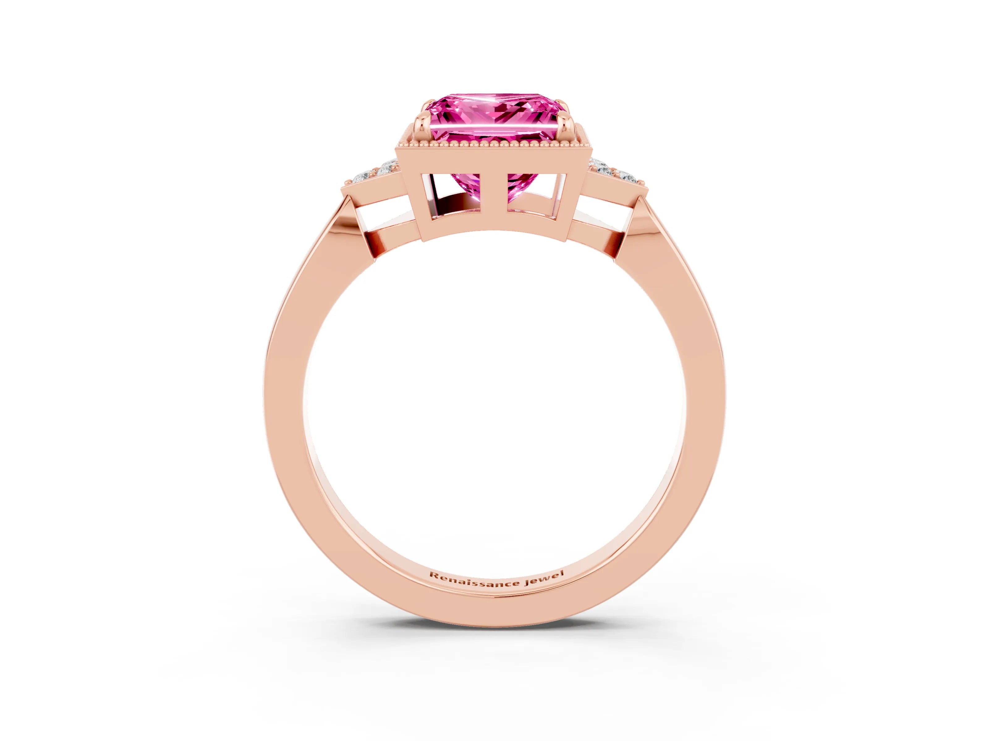 Rose gold Princess Cut Pink Sapphire Halo Ring with Tapered Band and Four-Prong Setting_3