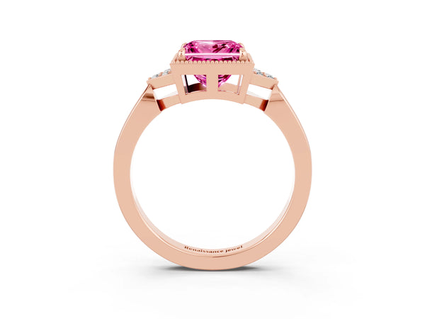 Rose gold Princess Cut Pink Sapphire Halo Ring with Tapered Band and Four-Prong Setting
