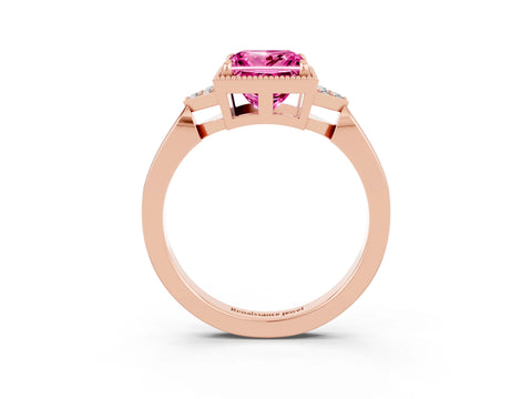 Rose gold Princess Cut Pink Sapphire Halo Ring with Tapered Band and Four-Prong Setting_3