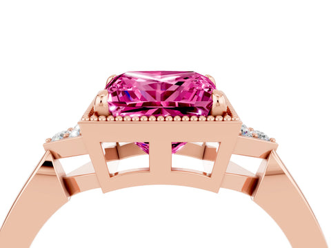 Rose gold Princess Cut Pink Sapphire Halo Ring with Tapered Band and Four-Prong Setting_4