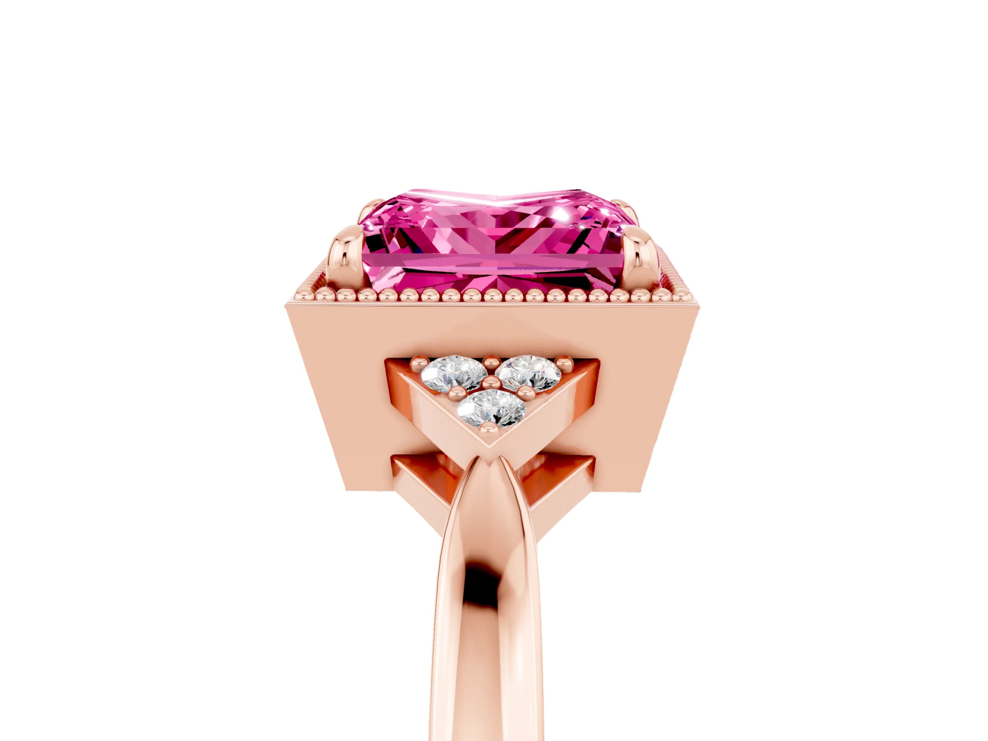 Rose gold Princess Cut Pink Sapphire Halo Ring with Tapered Band and Four-Prong Setting_5