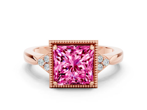 Rose gold Princess Cut Pink Sapphire Halo Ring with Tapered Band and Four-Prong Setting