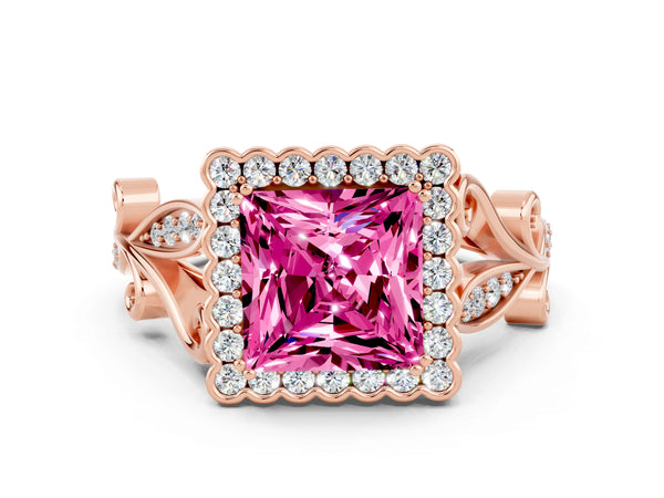 Rose gold Princess Cut Pink Sapphire Halo Ring with Vintage Split Shank and Four-Prong Setting
