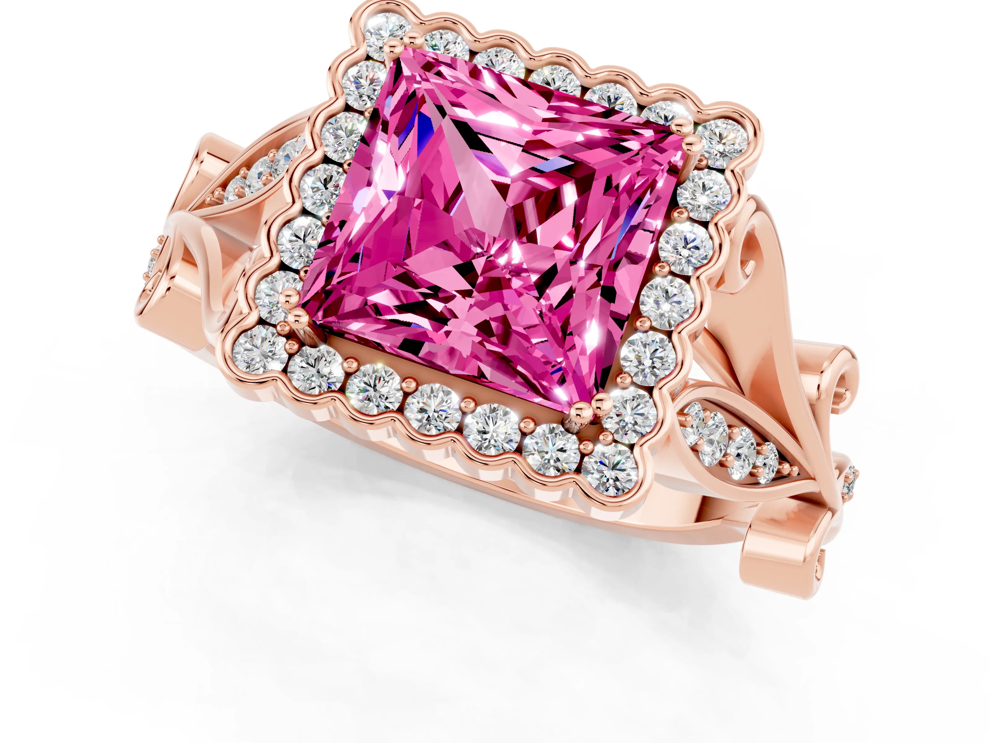 Rose gold Princess Cut Pink Sapphire Halo Ring with Vintage Split Shank and Four-Prong Setting_1