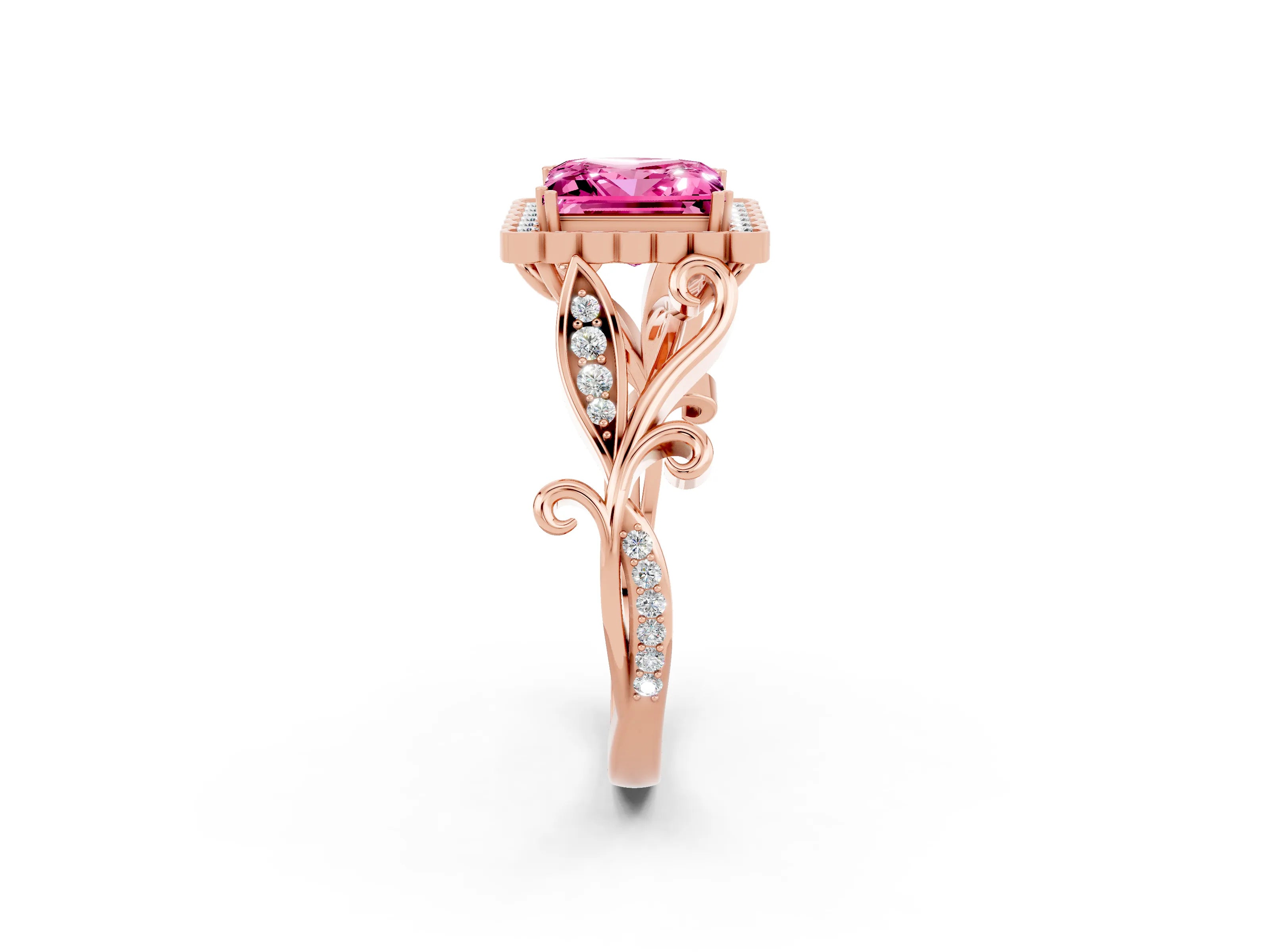 Rose gold Princess Cut Pink Sapphire Halo Ring with Vintage Split Shank and Four-Prong Setting_2