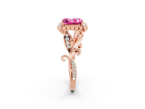 Rose gold Princess Cut Pink Sapphire Halo Ring with Vintage Split Shank and Four-Prong Setting_2