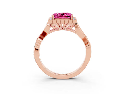 Rose gold Princess Cut Pink Sapphire Halo Ring with Vintage Split Shank and Four-Prong Setting_3