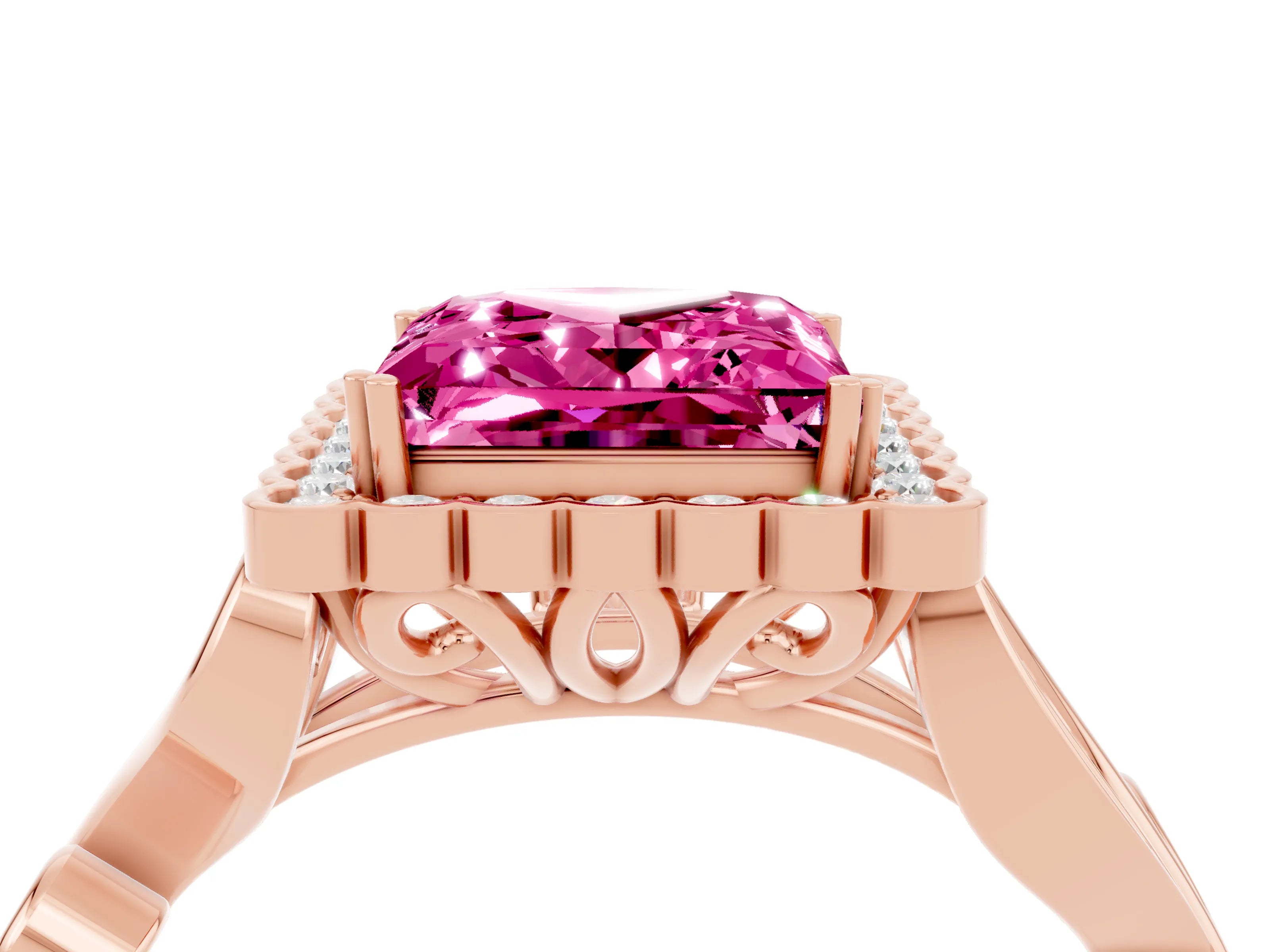 Rose gold Princess Cut Pink Sapphire Halo Ring with Vintage Split Shank and Four-Prong Setting_4
