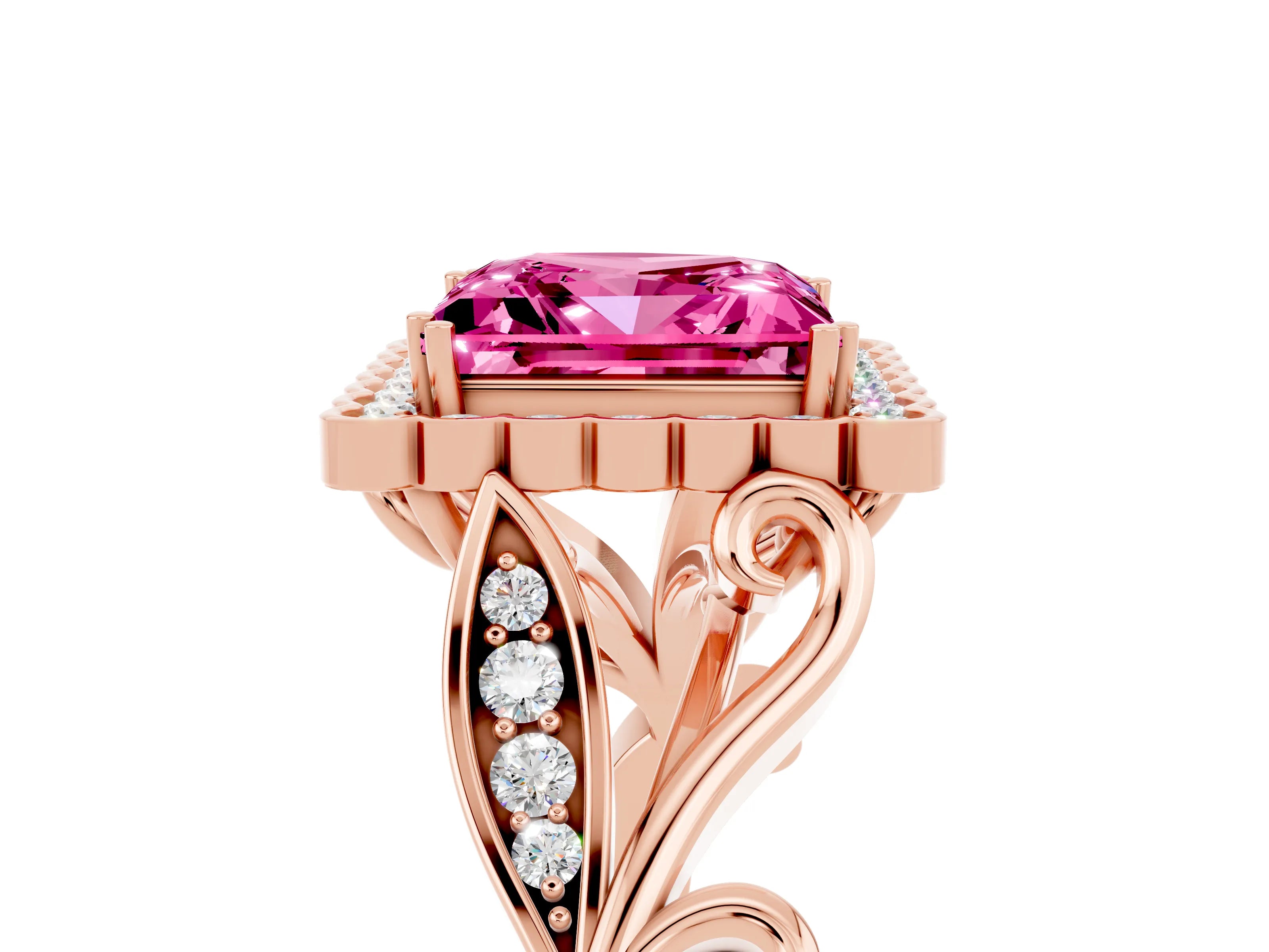 Rose gold Princess Cut Pink Sapphire Halo Ring with Vintage Split Shank and Four-Prong Setting_5