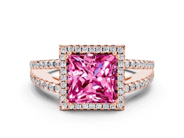 Rose gold Princess Cut Pink Sapphire Halo Split Shank Engagement Ring