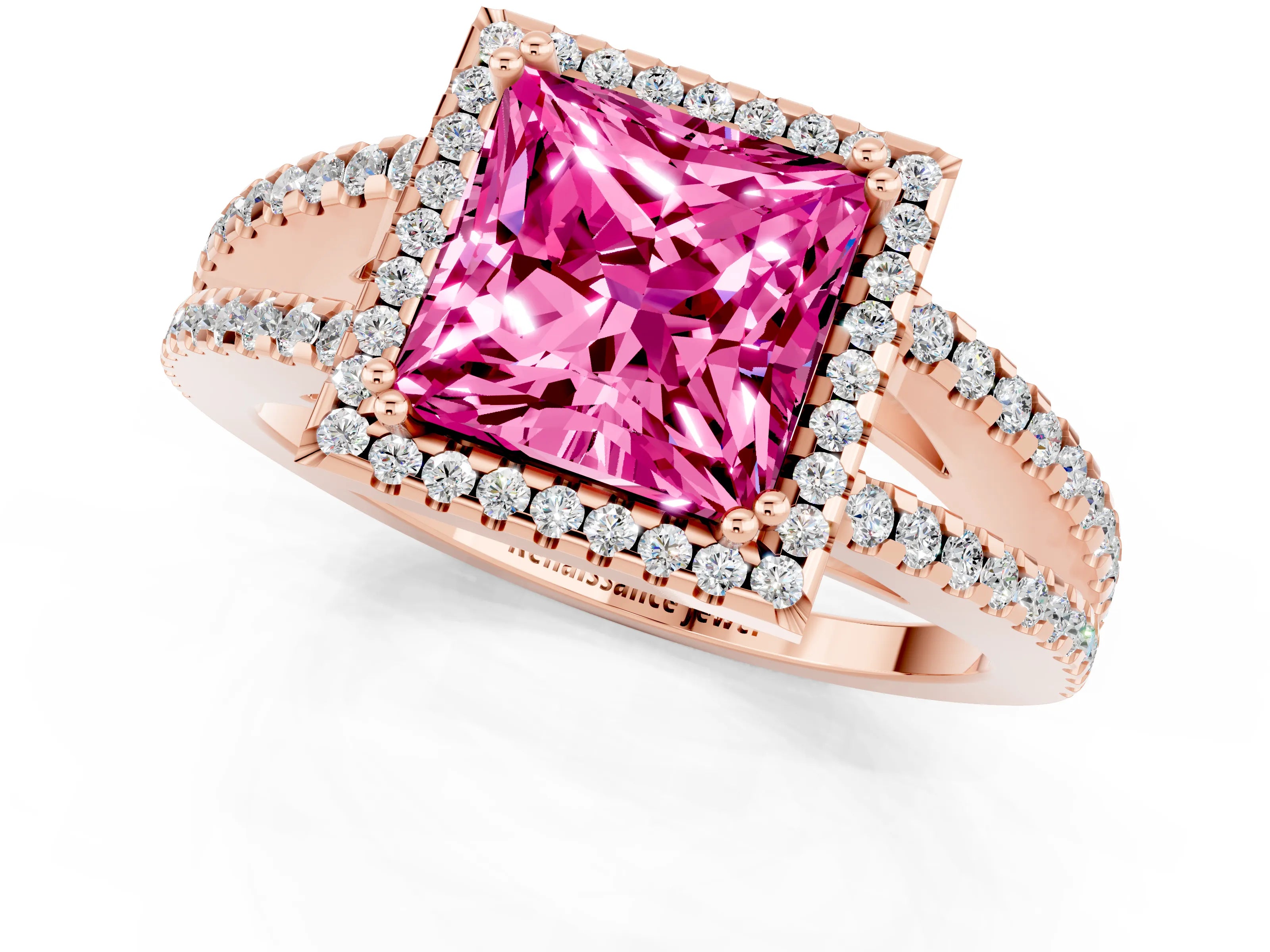 Rose gold Princess Cut Pink Sapphire Halo Split Shank Engagement Ring_13