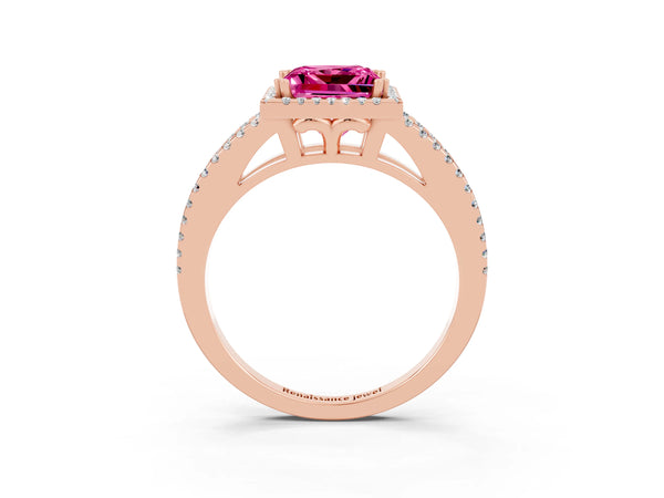 Rose gold Princess Cut Pink Sapphire Halo Split Shank Engagement Ring