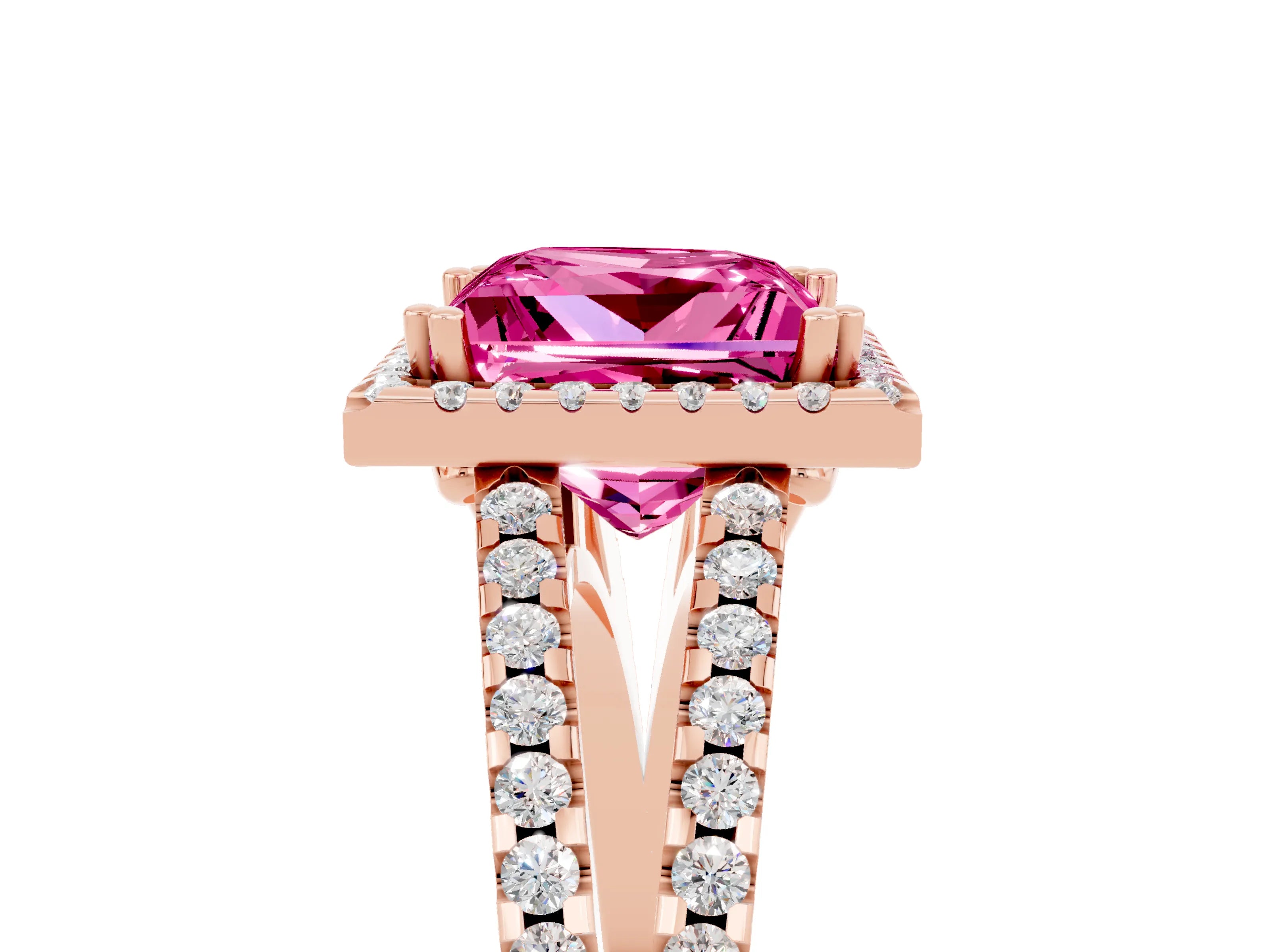 Rose gold Princess Cut Pink Sapphire Halo Split Shank Engagement Ring_17