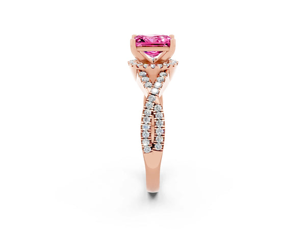 Rose gold Princess Cut Pink Sapphire  Halo Twist Band Solitaire Prong Setting Ring