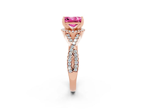 Rose gold Princess Cut Pink Sapphire Halo Twist Band Solitaire Prong Setting Ring_26