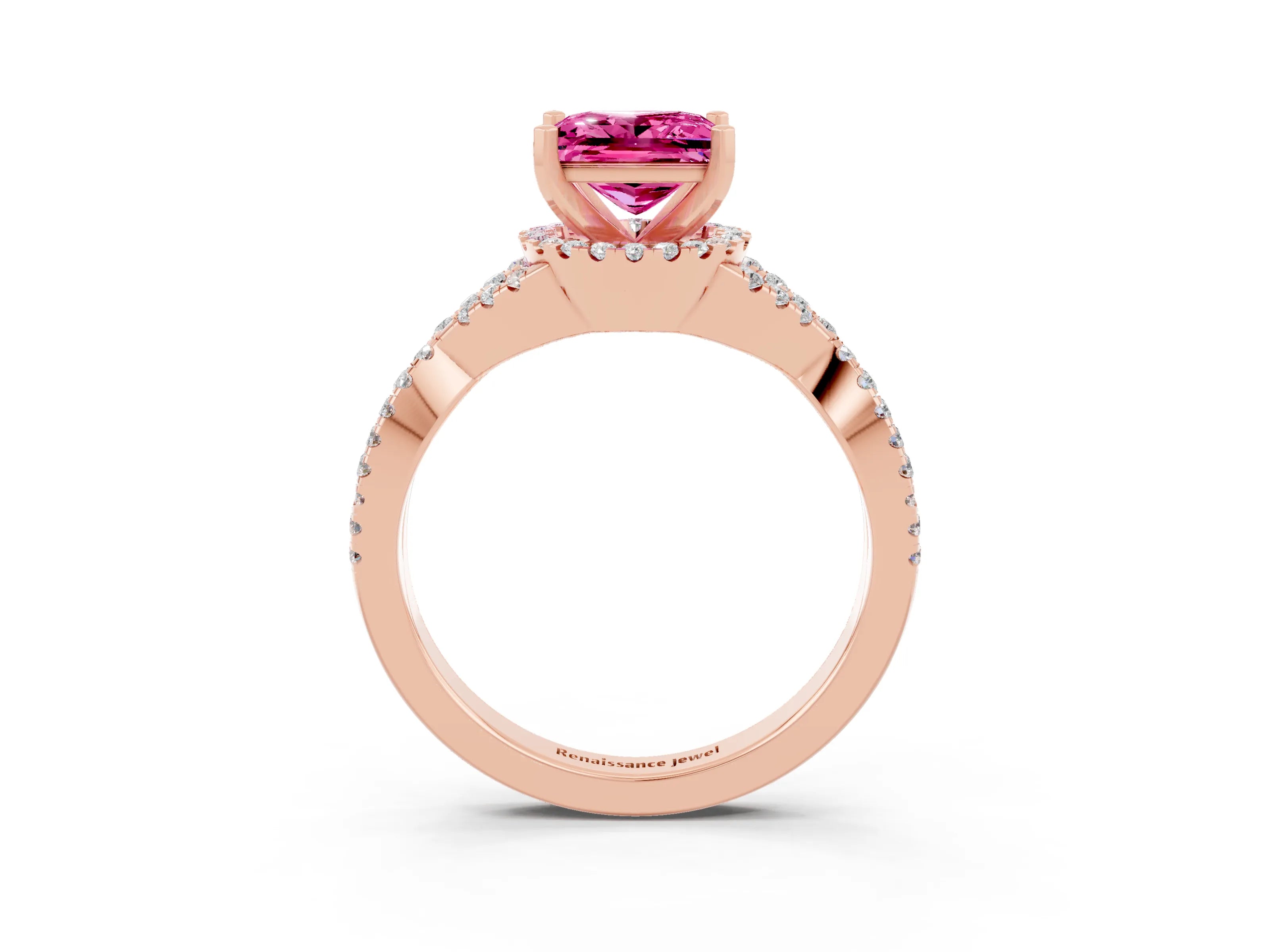 Rose gold Princess Cut Pink Sapphire Halo Twist Band Solitaire Prong Setting Ring_27