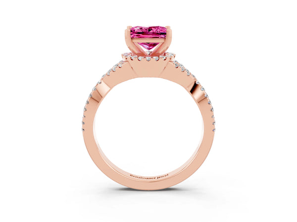 Rose gold Princess Cut Pink Sapphire  Halo Twist Band Solitaire Prong Setting Ring