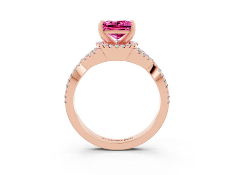 Rose gold Princess Cut Pink Sapphire Halo Twist Band Solitaire Prong Setting Ring_27