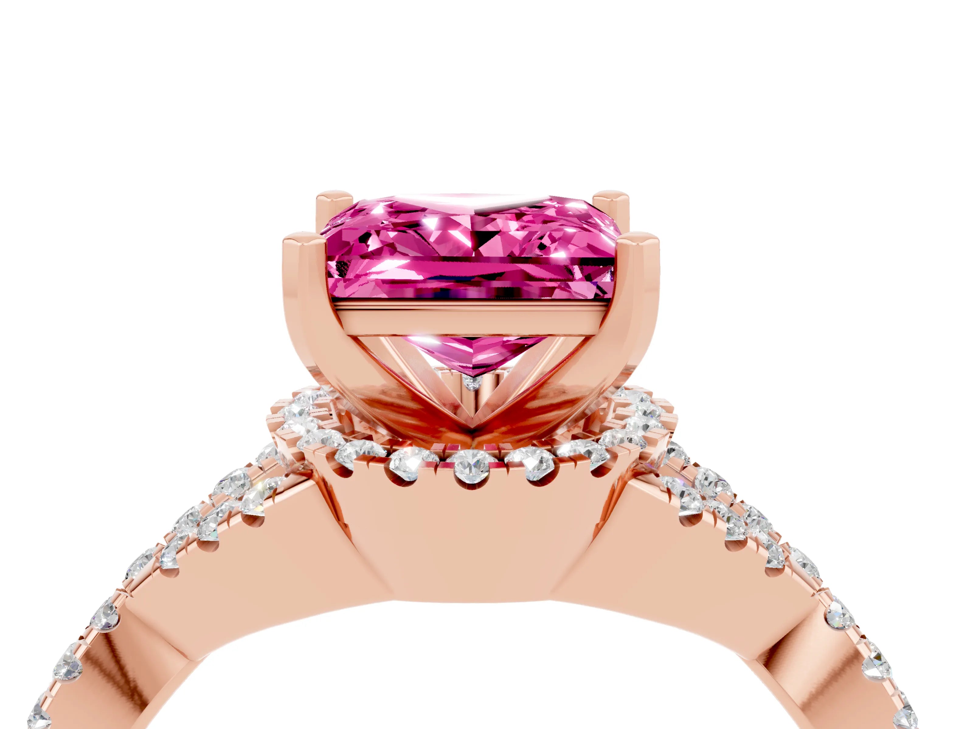 Rose gold Princess Cut Pink Sapphire Halo Twist Band Solitaire Prong Setting Ring_28
