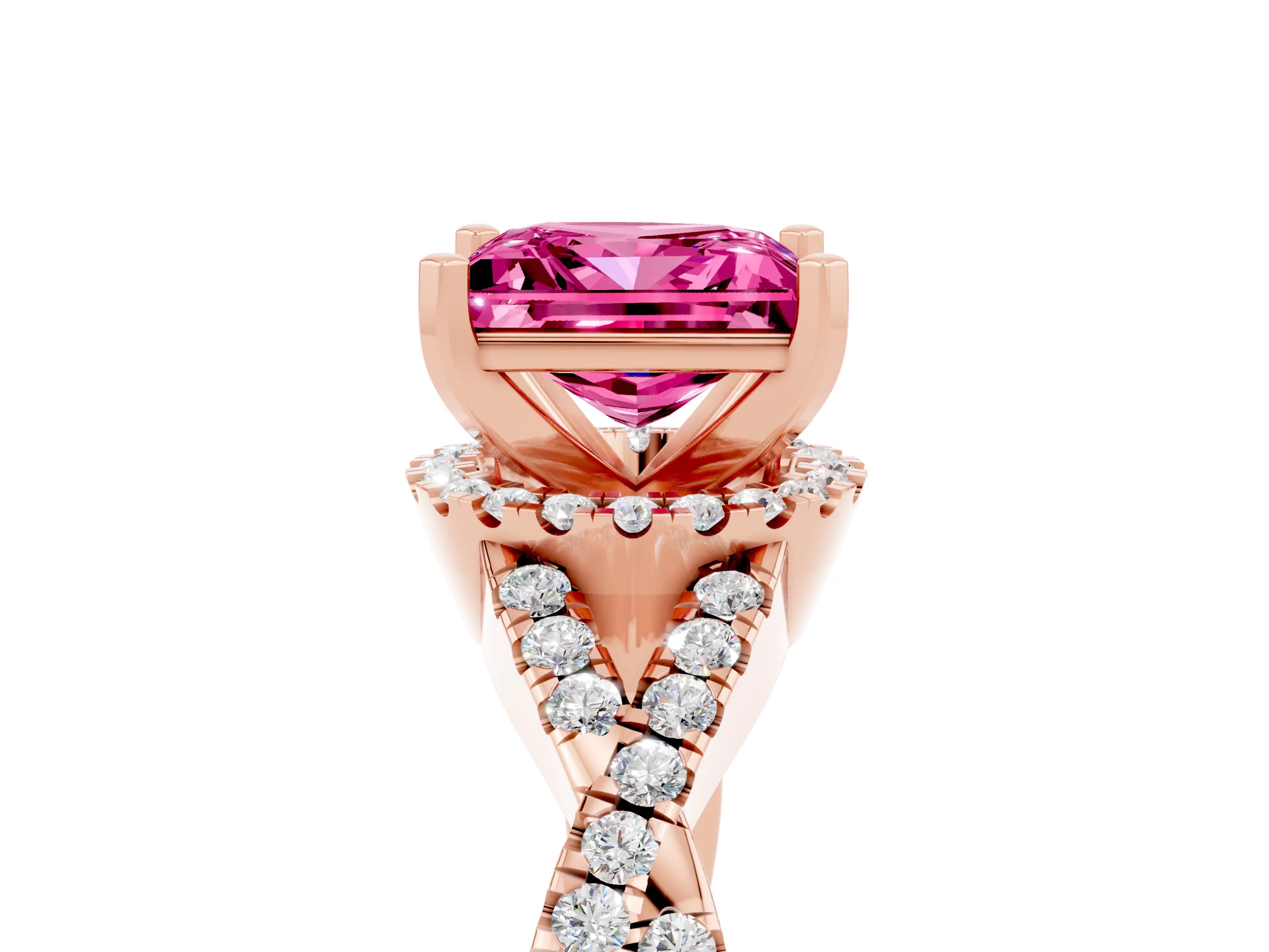 Rose gold Princess Cut Pink Sapphire Halo Twist Band Solitaire Prong Setting Ring_29
