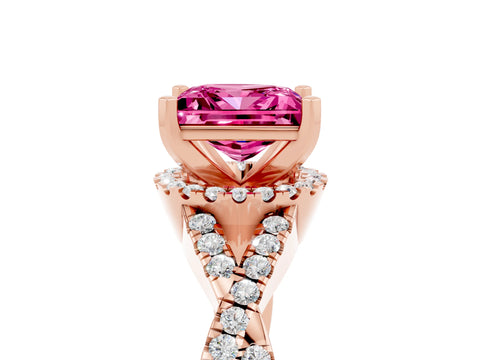 Rose gold Princess Cut Pink Sapphire Halo Twist Band Solitaire Prong Setting Ring_29