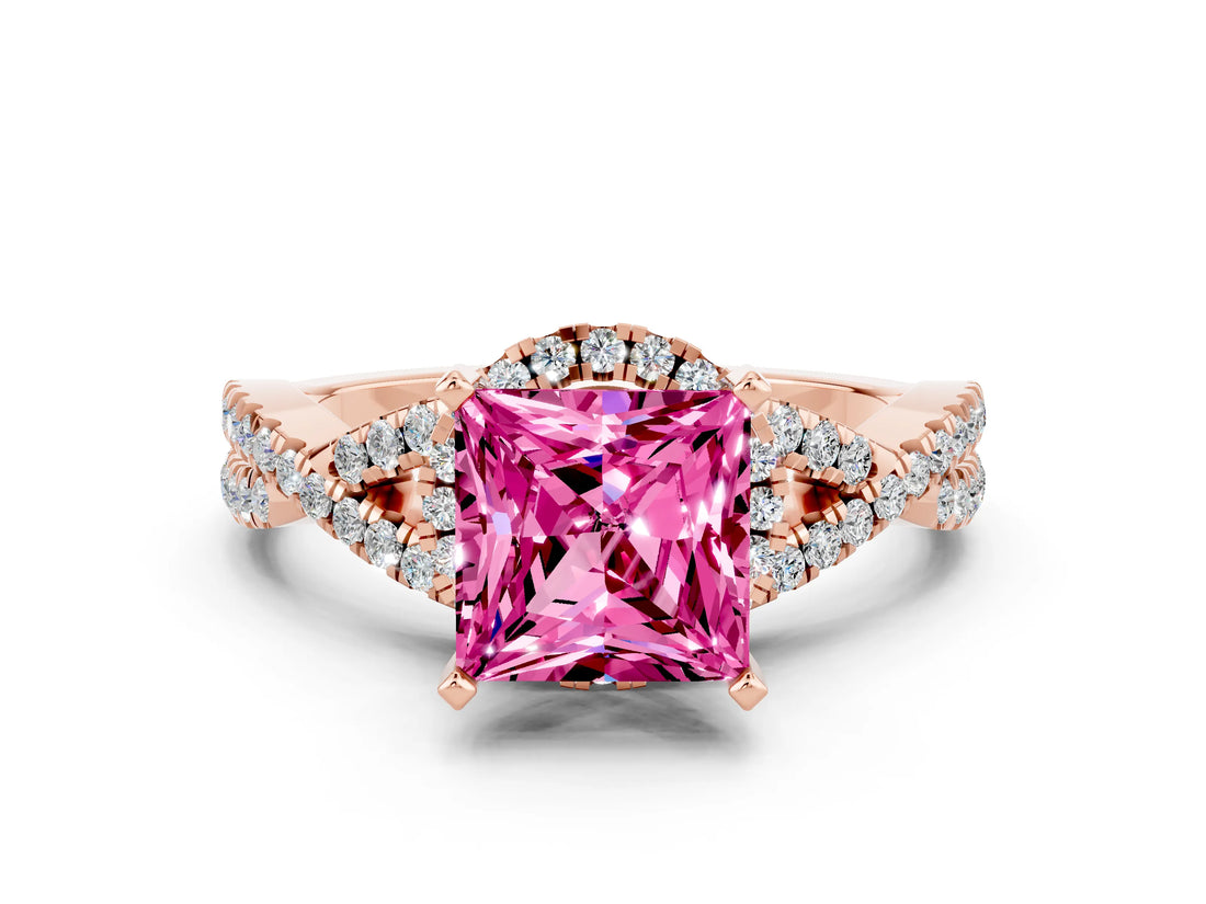 Rose gold Princess Cut Pink Sapphire  Halo Twist Band Solitaire Prong Setting Ring_42