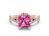Rose gold Princess Cut Pink Sapphire  Halo Twist Band Solitaire Prong Setting Ring_42
