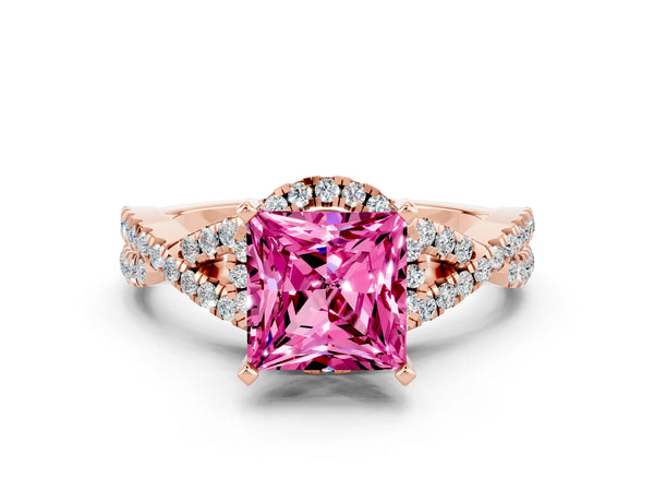 Rose gold Princess Cut Pink Sapphire  Halo Twist Band Solitaire Prong Setting Ring