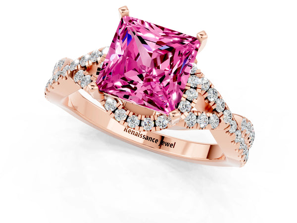 Rose gold Princess Cut Pink Sapphire  Halo Twist Band Solitaire Prong Setting Ring