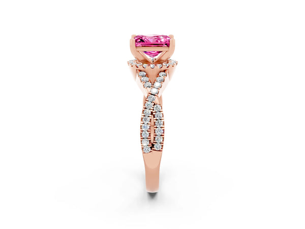 Rose gold Princess Cut Pink Sapphire  Halo Twist Band Solitaire Prong Setting Ring