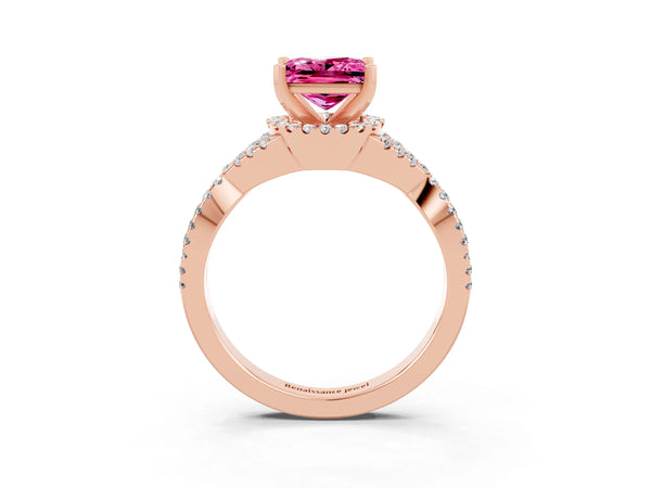 Rose gold Princess Cut Pink Sapphire  Halo Twist Band Solitaire Prong Setting Ring
