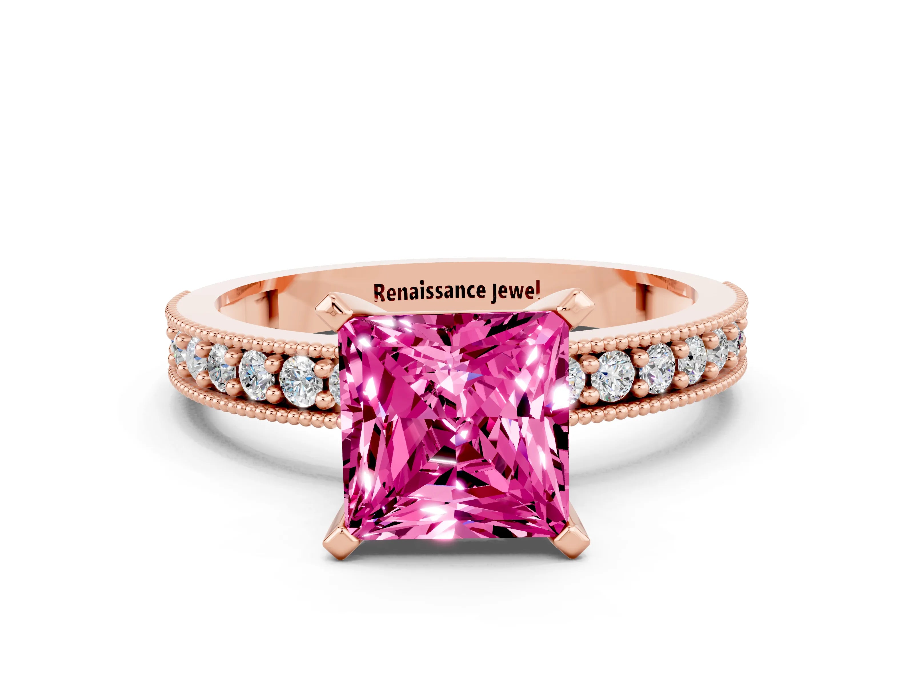 Rose gold Princess Cut Pink Sapphire Milgrain Pavé Engagement Ring with Four-Prong Setting_36