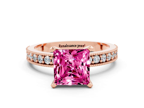 Rose gold Princess Cut Pink Sapphire Milgrain Pavé Engagement Ring with Four-Prong Setting_36
