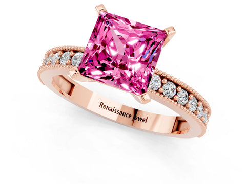 Rose gold Princess Cut Pink Sapphire Milgrain Pavé Engagement Ring with Four-Prong Setting_37