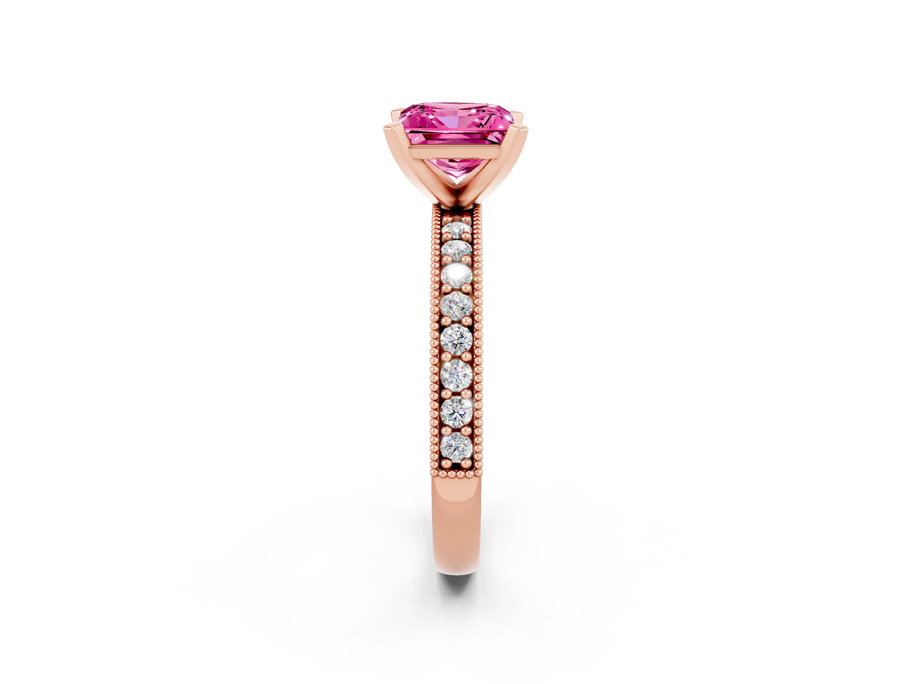 Rose gold Princess Cut Pink Sapphire Milgrain Pavé Engagement Ring with Four-Prong Setting_38