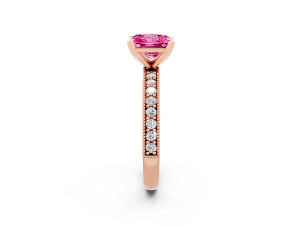 Rose gold Princess Cut Pink Sapphire Milgrain Pavé Engagement Ring with Four-Prong Setting